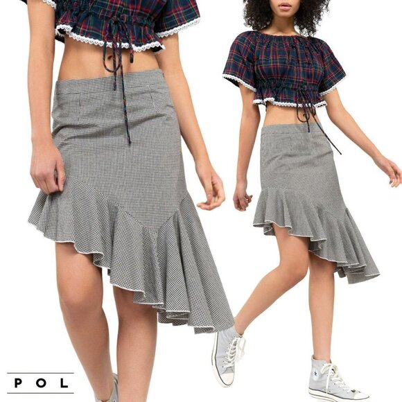 NWT POL Asymmetrical Ruffle Hem Gingham Cotton Mini Skirt - Picture 1 of 6